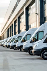 Tableau sur plexiglas Véhicules A fleet of delivery vans lines up outside a distribution center, ready to transport packages to customers.  © Degimages