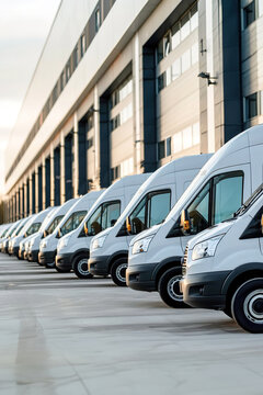 A fleet of delivery vans lines up outside a distribution center, ready to transport packages to customers.