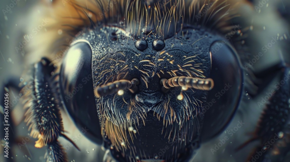 Poster close up of a bee's face with water droplets, suitable for nature and macro photography projects