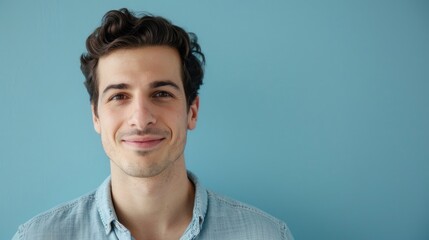 Obraz premium A man in a blue shirt smiling at the camera. Suitable for business or casual concepts