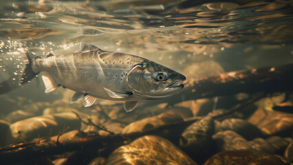 Fototapeta premium Underwater Radiance: A Salmon Gliding in Sun-Kissed Waters
