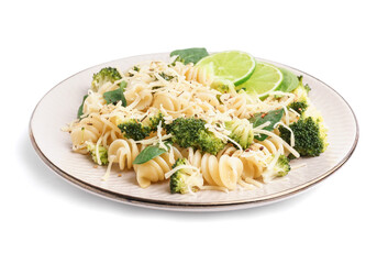 Delicious fusilli pasta with broccoli, cheese and lime slices in plate on white background
