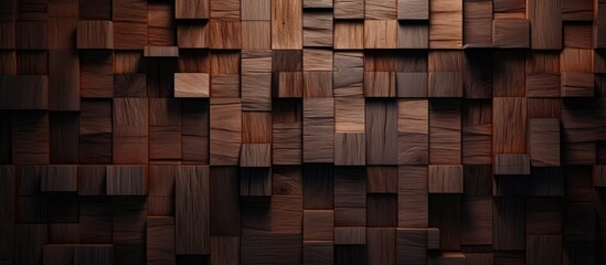 A closeup of a brown hardwood wall made of rectangular wooden blocks. The intricate brickwork pattern creates a stunning facade for the building