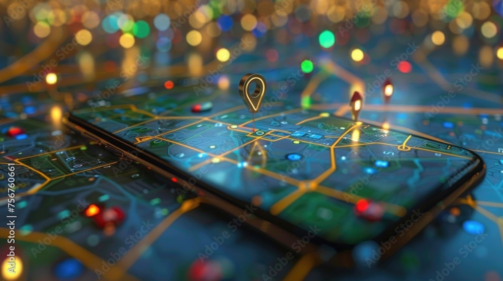 Poster a cell phone placed on top of a map, suitable for travel concepts