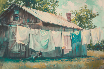 Laundry drying on the clothesline. AI generated art illustration.