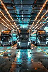 A fleet of electric trucks charges at a futuristic depot, shift towards sustainable transportation in urban logistics. - obrazy, fototapety, plakaty