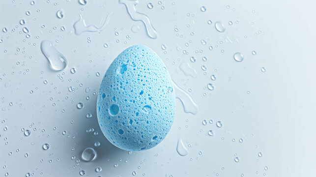 Beauty blender on a white background with water drops.