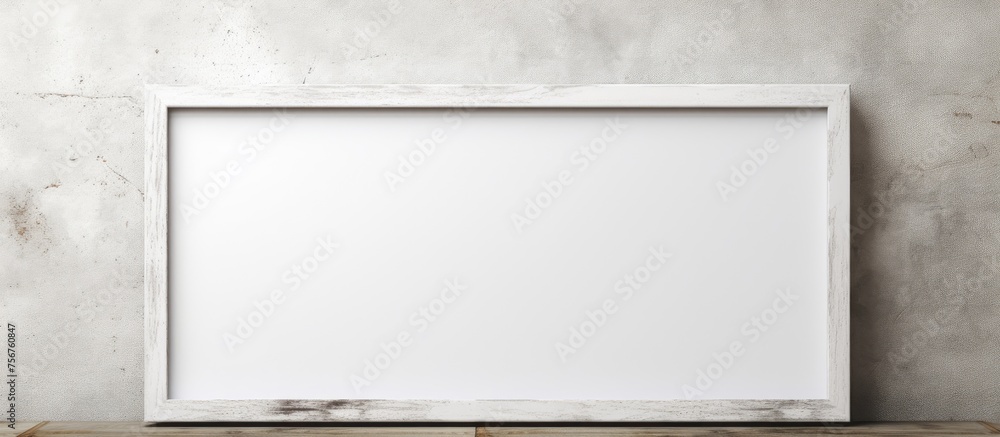 Poster a rectangular white picture frame hangs on the wall next to a wooden table in the room. the contrast