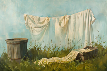 Laundry drying on the clothesline. AI generated art illustration.