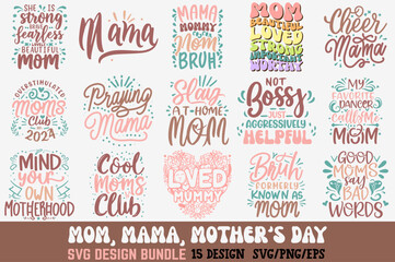 Mom happy mother's day typography t-shirt design bundle vector template. Illustration with love icons mom and child silhouettes. Good for mother's day clothes, t-shirts, mugs, gifts, Pro Vector
