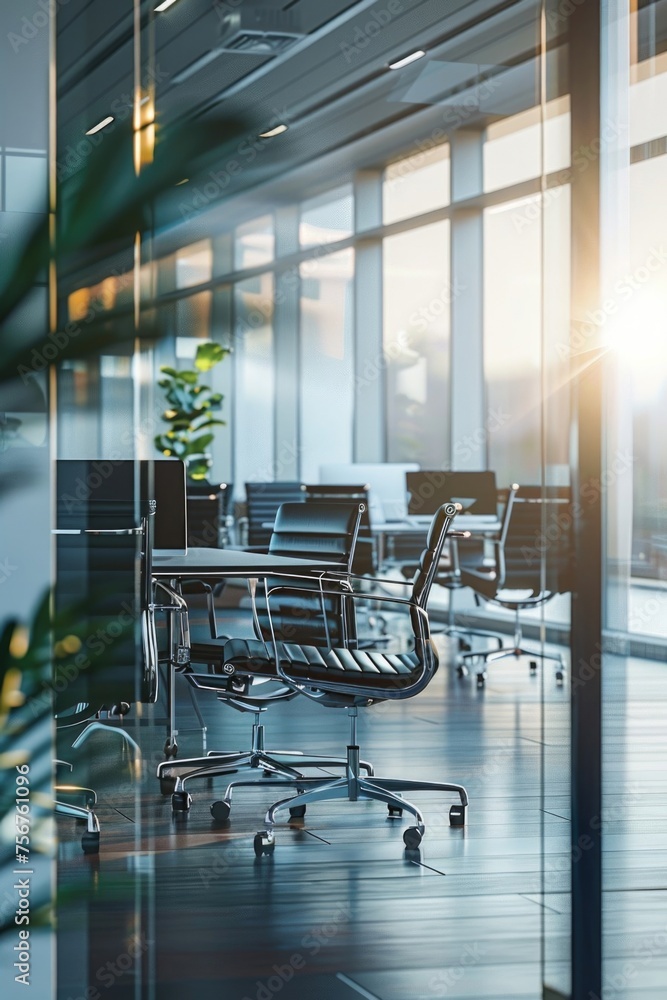 Poster a modern office setting with furniture and greenery. ideal for business and workplace concepts