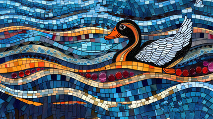 a painting of a duck floating on top of a wave of blue, orange, and yellow glass mosaics. - obrazy, fototapety, plakaty