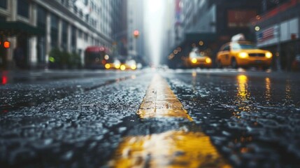 Wet city street with a yellow line, suitable for urban backgrounds - obrazy, fototapety, plakaty