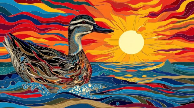 a painting of a duck floating in a body of water with a sunset in the back ground and clouds in the background.