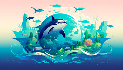Earth and dolphin water sea ocean illustration flora fauna ecology day hour care world