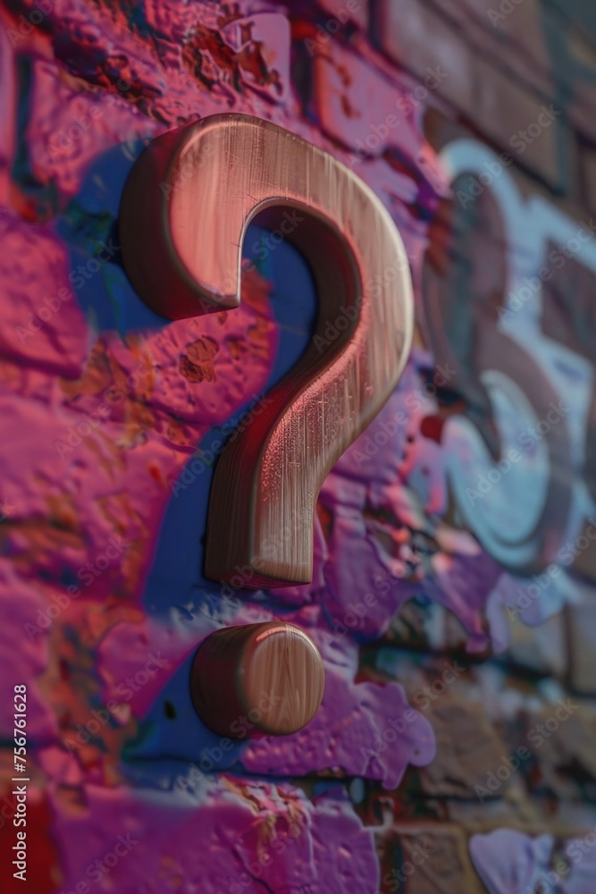 Poster a wooden question mark symbol on a brick wall. perfect for educational or informational concepts