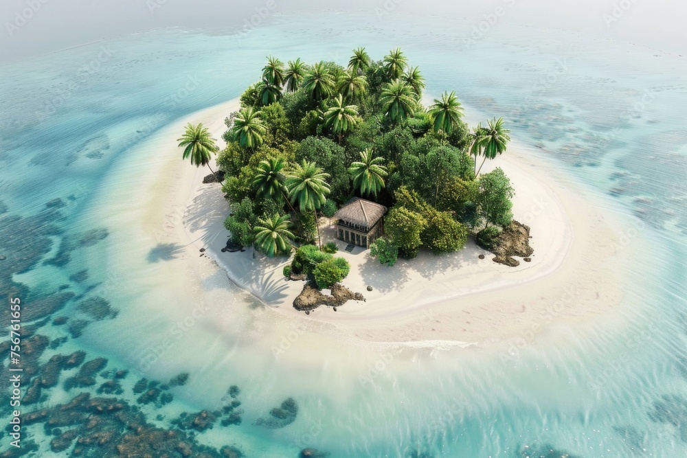 Poster a serene island setting with a hut and lush palm trees. ideal for travel and vacation concepts