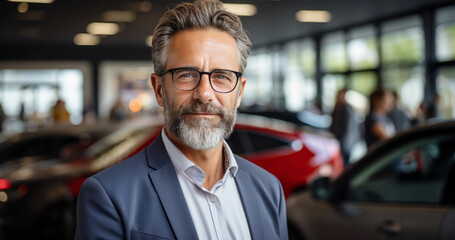 Obraz premium Mature businessman on the background of a car dealership. Car salesman working in a car dealership.