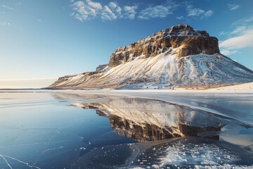 Scenic view of a mountain reflected in a frozen lake. Ideal for nature and landscape concepts