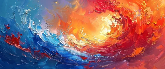 Photo sur Plexiglas Mélange de couleurs Abstract painting of waves in colors of red, orange and blue, with brush strokes and palette knife techniques. 