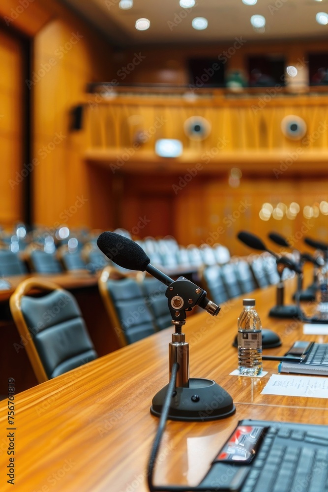 Aufkleber conference room with microphones and empty chairs. suitable for business presentations