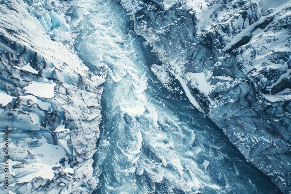 Aufkleber aerial view of a river running through a snow covered mountain. suitable for travel and nature theme