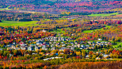 Bromont, Canada - Oct. 11 2020: Bird view from Bromont mountain in Quebec Autumn season