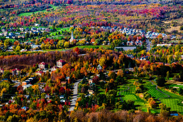 Bromont, Canada - Oct. 11 2020: Bird view from Bromont mountain in Quebec Autumn season