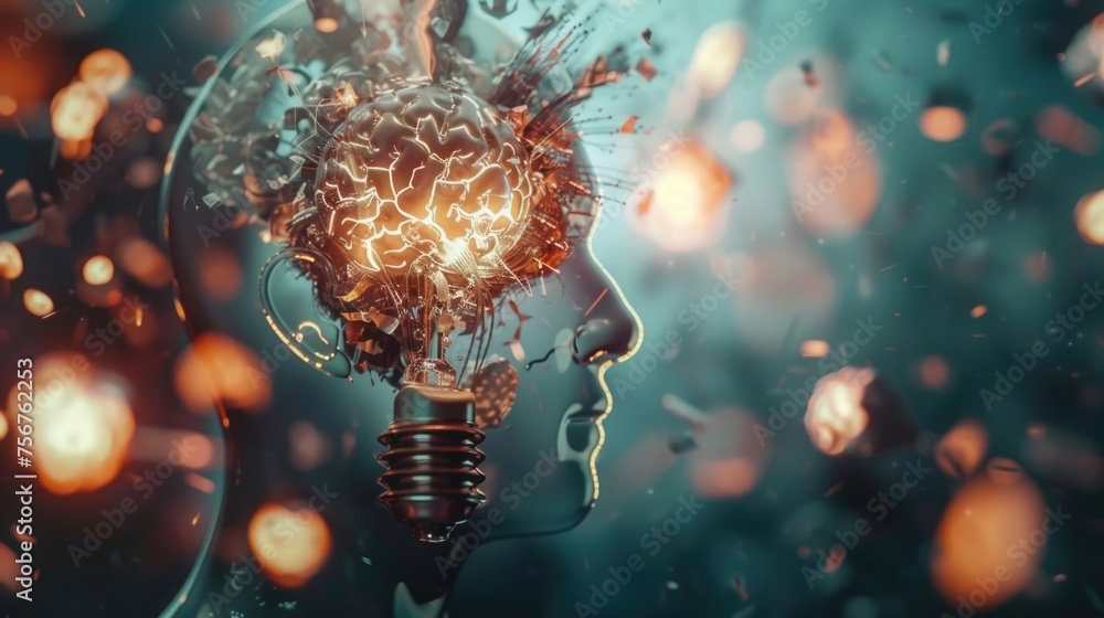 Poster light bulb with brain inside, creative concept for innovation. ideal for educational or technology d