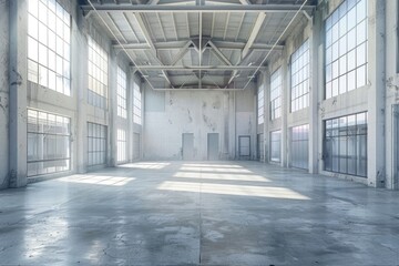 A spacious warehouse with numerous windows. Suitable for industrial concepts