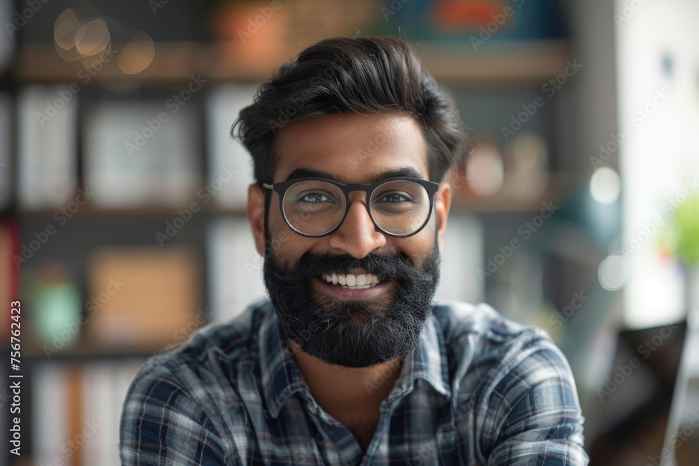Aufkleber A man with glasses and a beard smiling at the camera. Suitable for various concepts