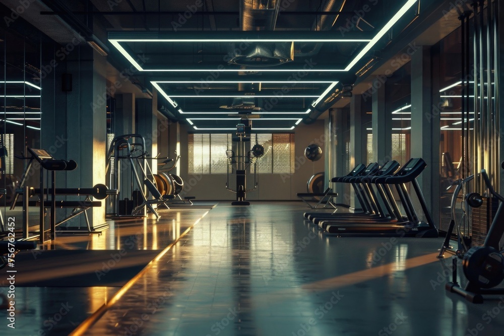Poster a row of tread machines in a gym. ideal for fitness and exercise concepts