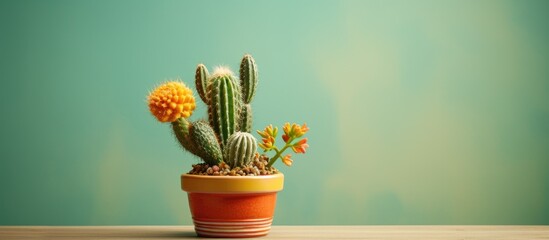 A terrestrial plant with thorns and spines, the potted cactus is displayed on a wooden table as a houseplant, adding a touch of nature to the room - obrazy, fototapety, plakaty