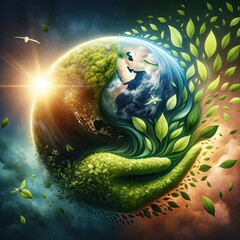 Planète Terre et des feuilles vertes portée par une main, écologie
