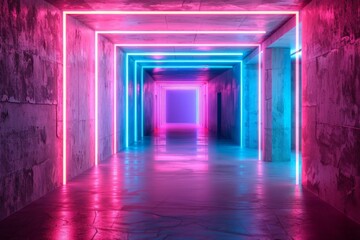 A long hallway with neon lights glowing on the walls, creating a vibrant and futuristic atmosphere.
