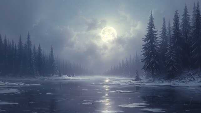 a painting of a river in the middle of a forest with a full moon in the sky above the trees.