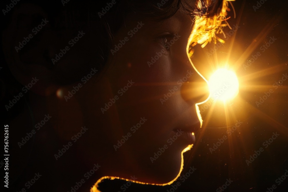 Poster Close up of a person with a bright sun in the background. Ideal for concepts of hope and positivity