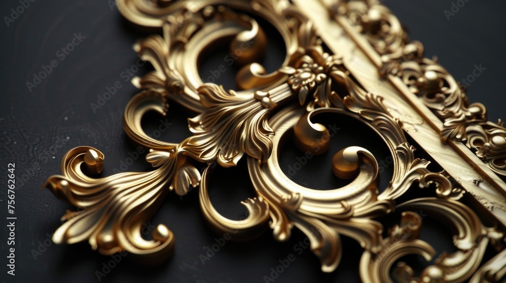 Poster a close up of a gold frame on a black surface. ideal for interior design projects