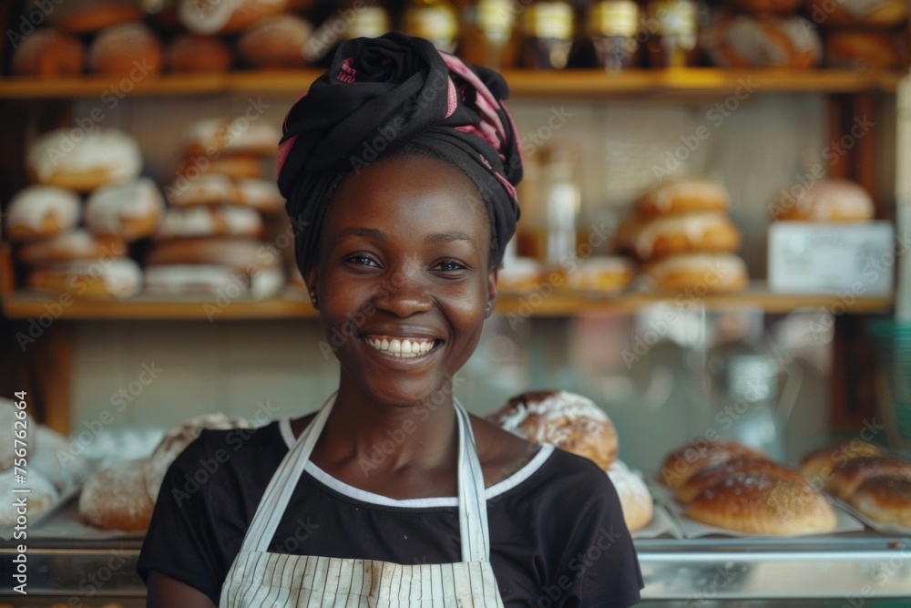 Poster A woman standing in front of a bakery counter. Ideal for food and retail concepts