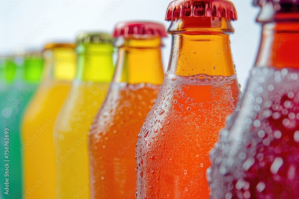 Poster row of soda bottles with various colors, perfect for beverage or party concepts