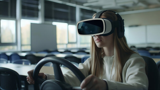 Escola de dire&ccedil;&atilde;o, uma jovem usando &oacute;culos de realidade virtual senta-se em uma sala de aula e controla uma m&aacute;quina virtual usando o volante