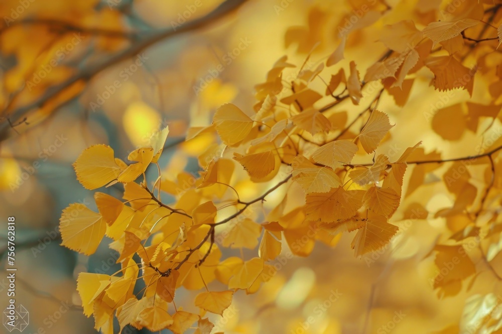 Poster close up view of a tree with vibrant yellow leaves. suitable for nature and autumn themed designs