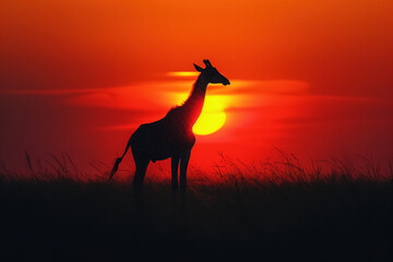 Giraffe silhouette against sunset in savannah