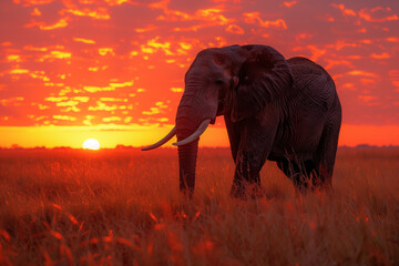 Elephant walking at African sunset