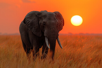 Elephant in sunset savanna