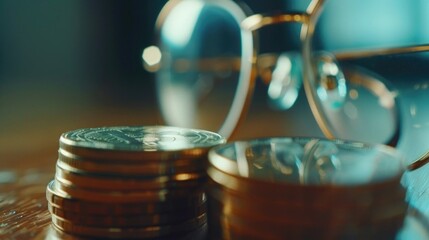 Stack of coins next to a pair of glasses, ideal for financial or investment concepts