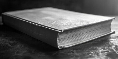 A black and white photo of a book on a table. Suitable for educational and office themes