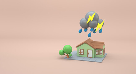 House with rain clouds, sun between clouds, strong wind, storm, cloudy days and sunny days (3d illustration)