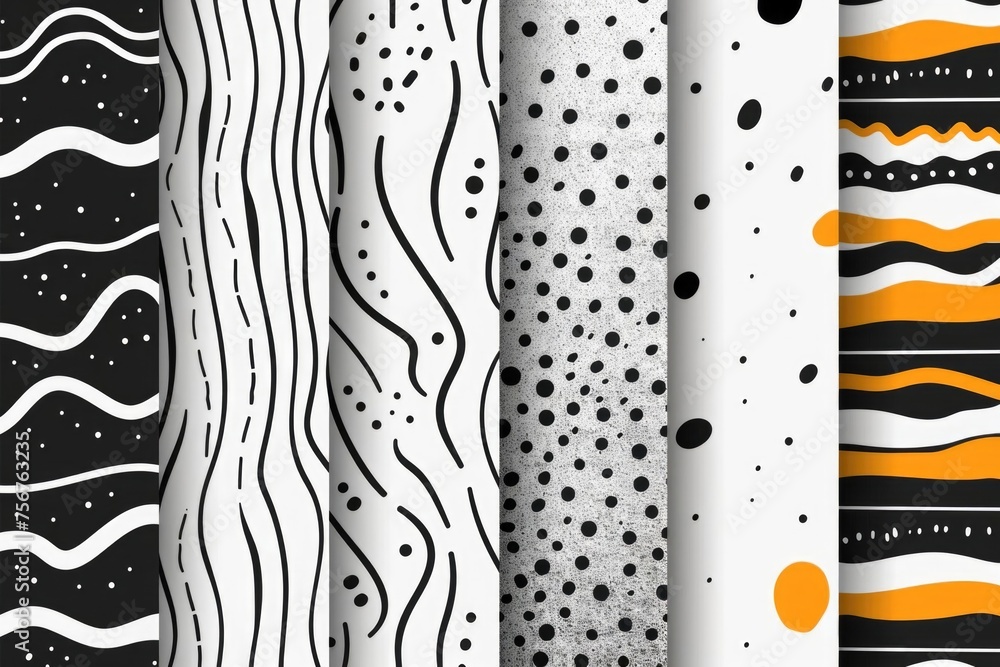 Poster Four different patterns in black, white and orange. Versatile for various design projects