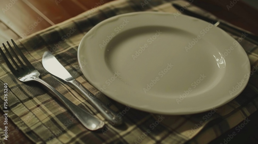 Poster A simple image of a plate with a fork and knife on a table. Suitable for food-related designs